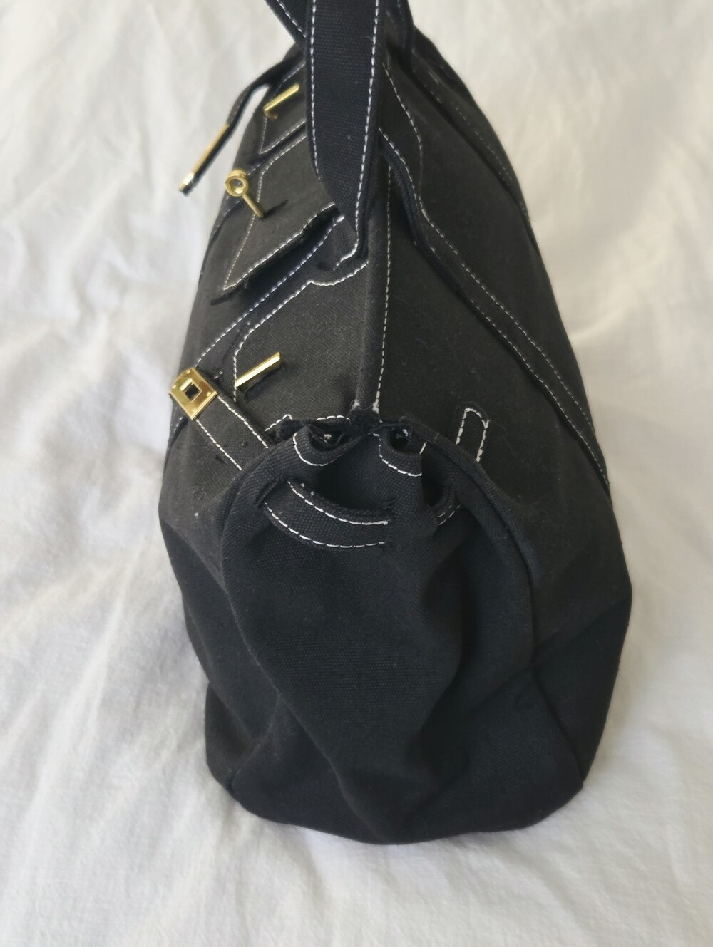 Black Canvas Boatkin Tote With White Stitching And Gold Hardware - Picture 15 of 16